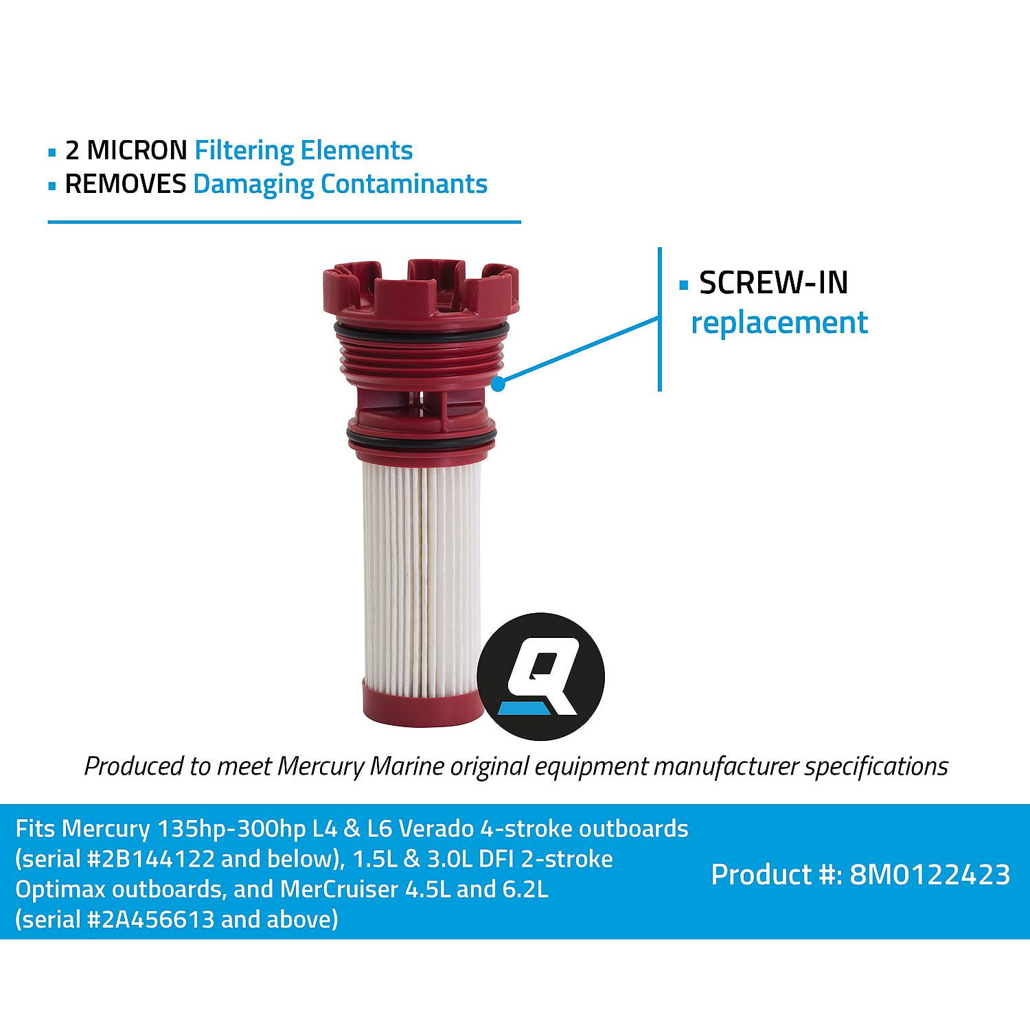 Quicksilver 8M0122423 Fuel Filter Element for Select Mercury and Mariner Outboards and MerCruiser Sterndrive Engines