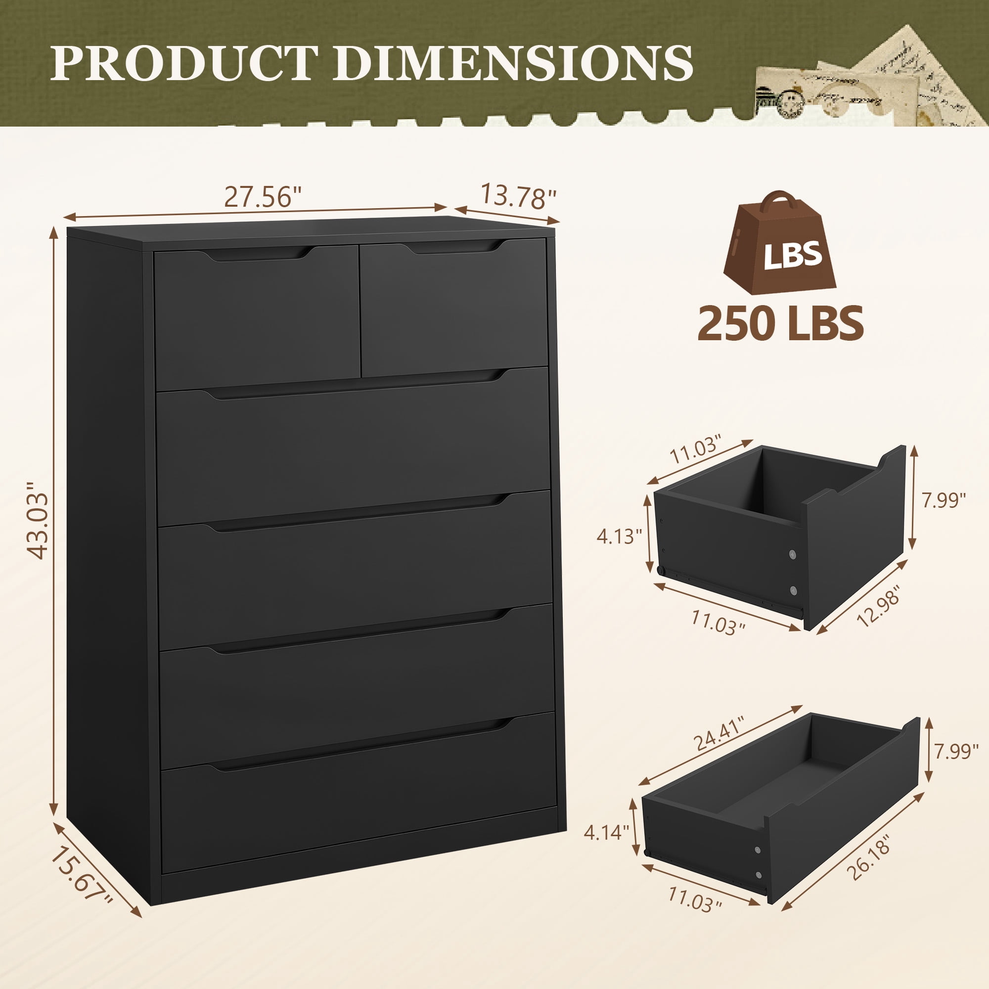 EnHomee Black Tall Dresser Wood 6 Drawer Dressers for Bedroom Wood Chest of Drawers with Smooth Metal Rail Large Dresser Modern Storage Cabinet for Home Office Living Room, 43.2"H x 27.55"L x 15.66"D