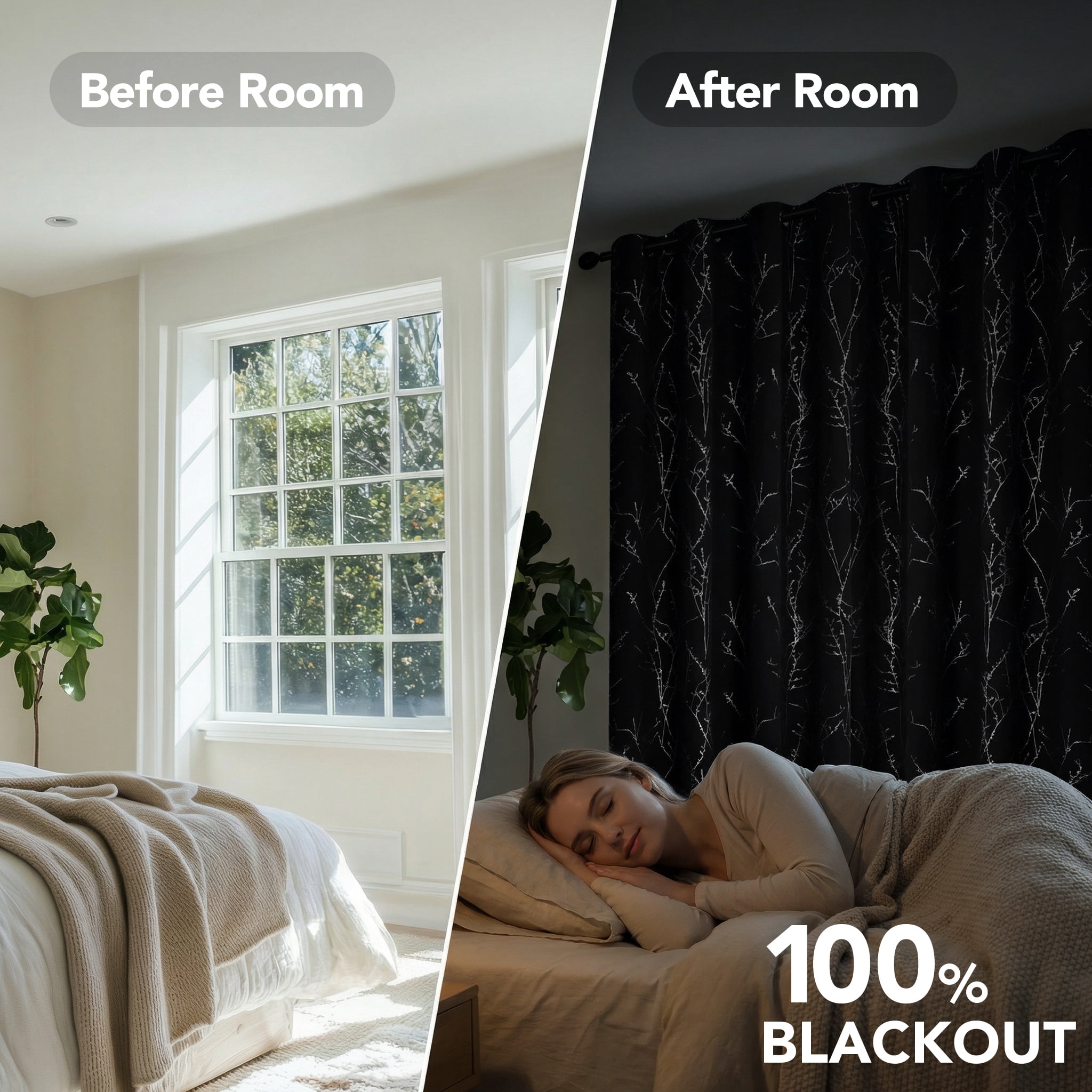 ZOPZO Blackout Curtains, Thermal Insulated,, Black, 42W x 72L Inch, Room Darkening Drapes Tree Branches Pattern for Bedroom Modern Home