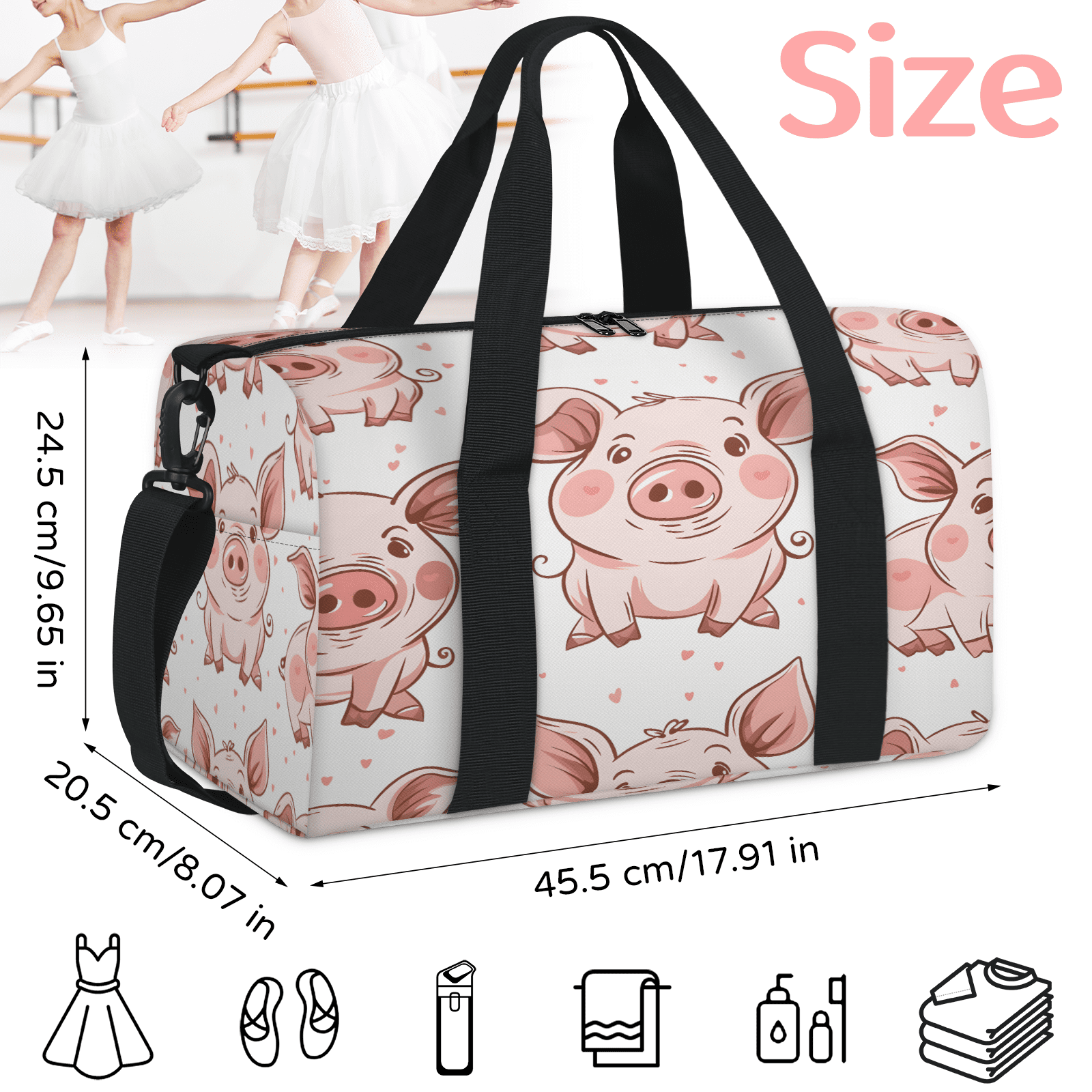 Herdesigns Cute Animal Pig Gym Bag for Women, Duffle Bag for Travel Sport, Lightweight Waterproof Carry on Weekender Overnight Dance Yoga Workout Bags
