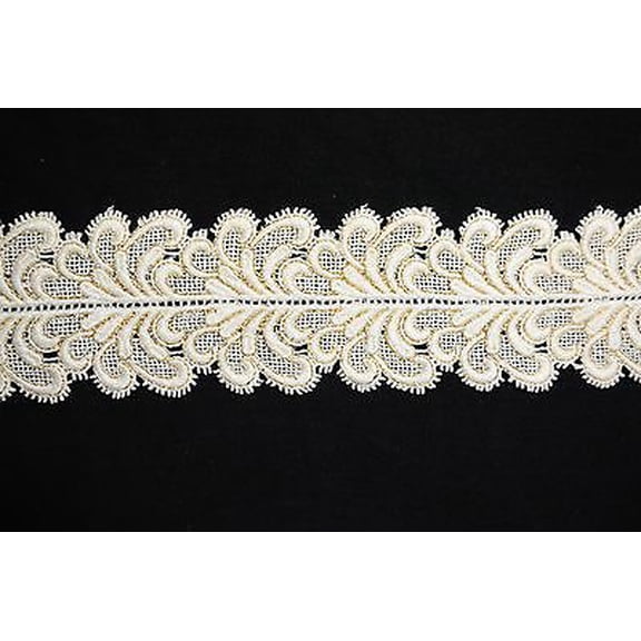 Lily 3" Ivory Double Scalloped Gold Metallic Thread Venice Lace Trim By Yardage