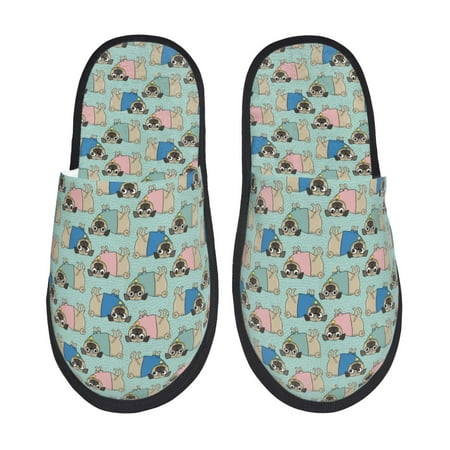 Balery Colorful Pugs Slient Indoor Furry Fleece Comfort House Shoes Soft Non-Slip Home Shoes Cotton slippers House Slippers-- Large
