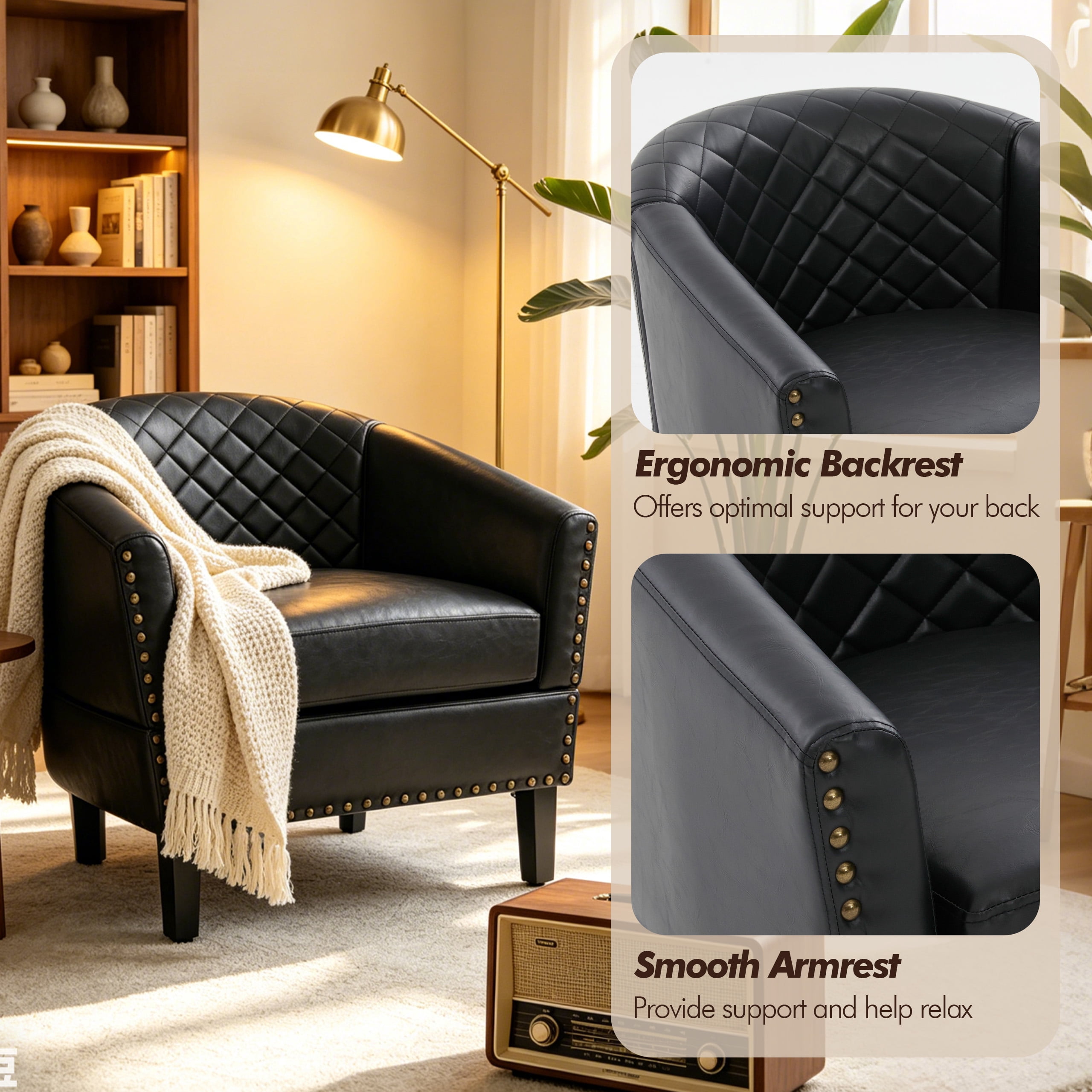MOONMISS Barrel Accent Chair Club Armchairs Comfy chairs for Living Room, Bedroom,Black