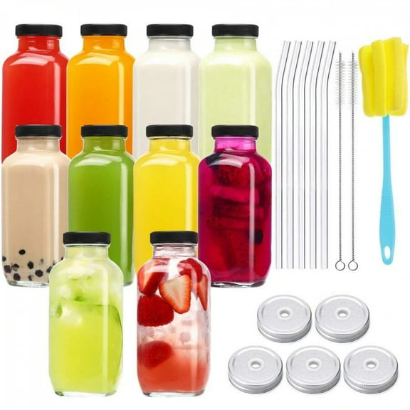 REZJSWFSMMJ 10pcs 16oz Glass Juice Bottles With Lids, Reusable Juice Containers Drinking Jars Water Cups With Brush, Glass Straws, Lids With Hole