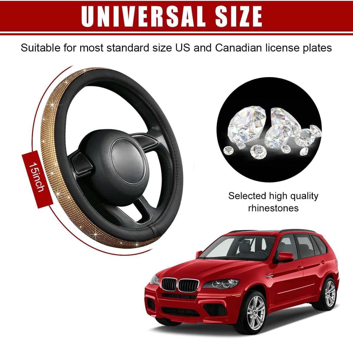 Bling Car Steering Wheel Cover, Sparkling Crystal Rhinestone Auto Wheel Protector, Anti Slip Cover Fit 15 Inch Steering Wheel for Women Girls, Universal Car Accessories (Golden)