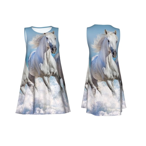 Horeoi Horses Running Through The Water Print Women's Sleeveless Dress Cotton-like Flared Hem Deep Side Pockets Above-Knee