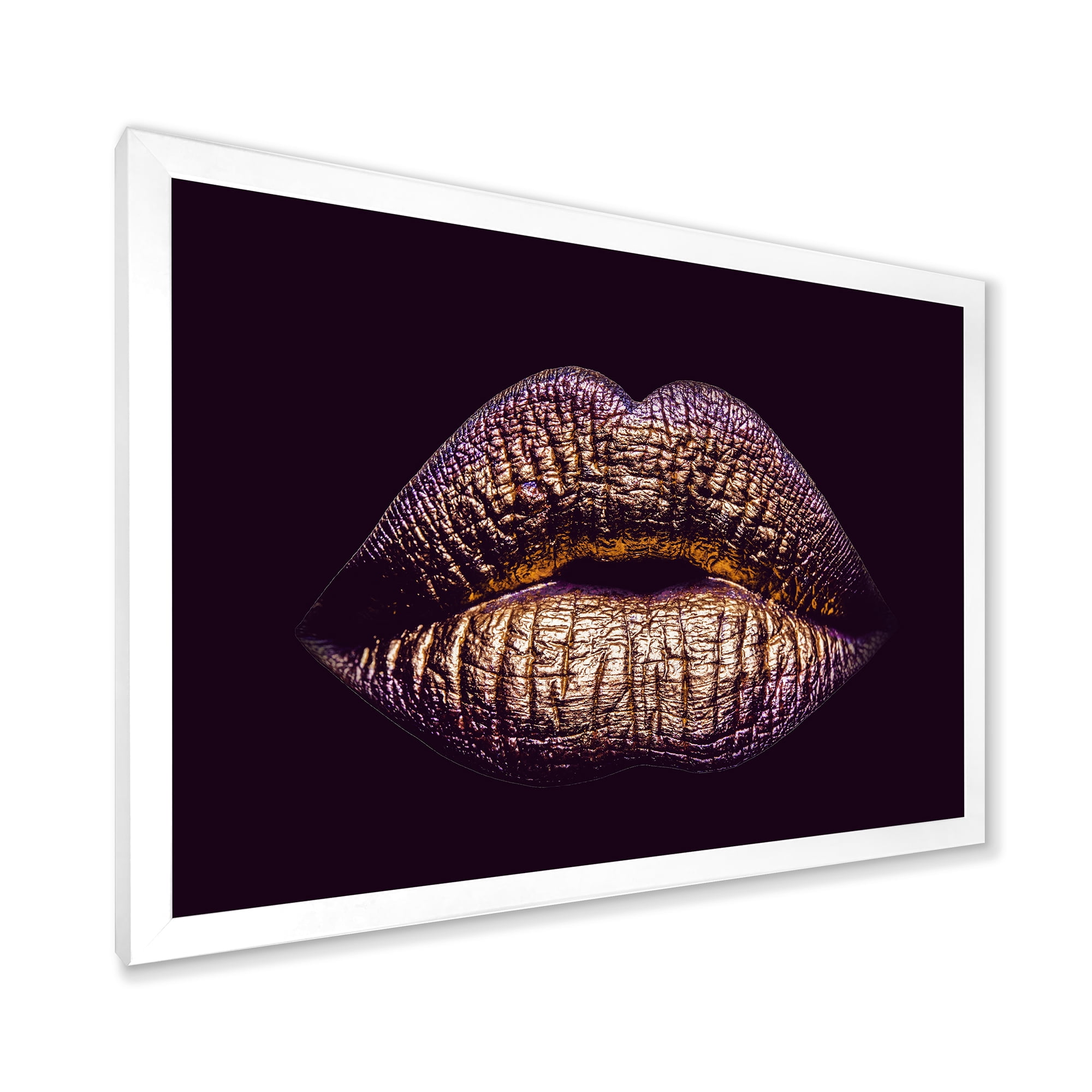 Designart 'Sexy Golden Metallized Woman Lips III' Modern Framed Art Print