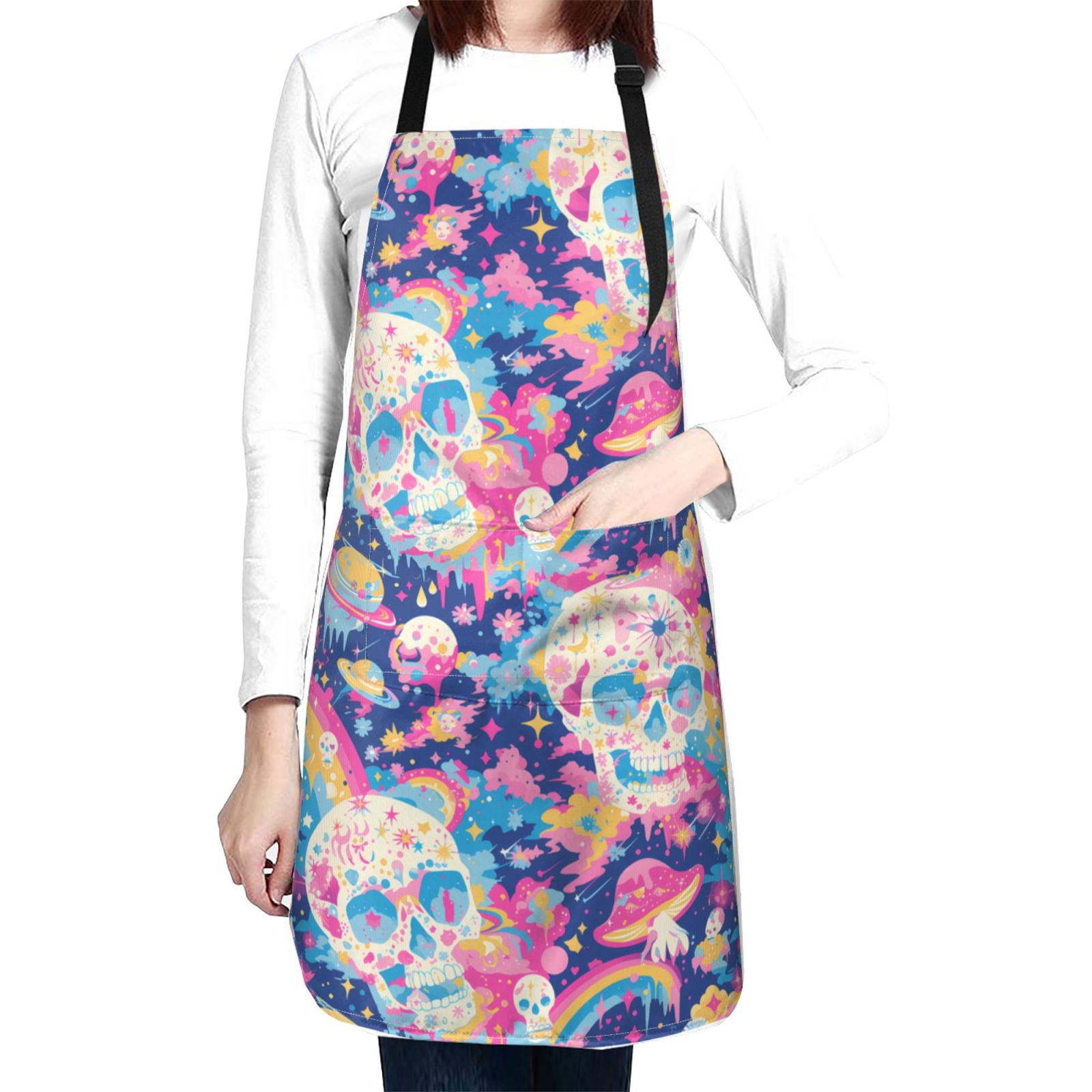 Kdxio Skull rainbow color space Apron with Pockets Adjustable Kitchen Aprons for Men Women Waterproof Aprons for Cooking,Drawing,Crafting, Baking Household Cleaning