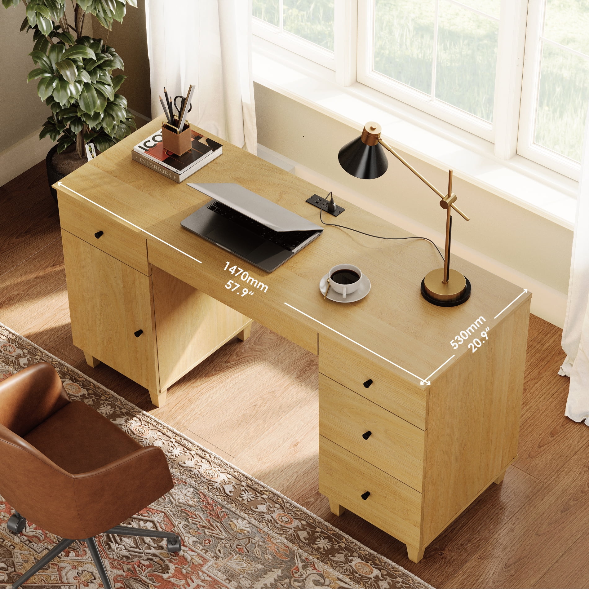58" Executive Desk with 5 Drawers and 1 Door, Modern Farmhouse Home Office Computer Table with Charging Station, Oak
