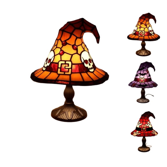 Vintage Tiffany Style Witch Hat USB Plug Table Light, 6.88'' Resin Halloween Figurine Lamp with Ghost Bat Skull Print, Warm LED Glow Fall Holiday Decor Prop_1PC