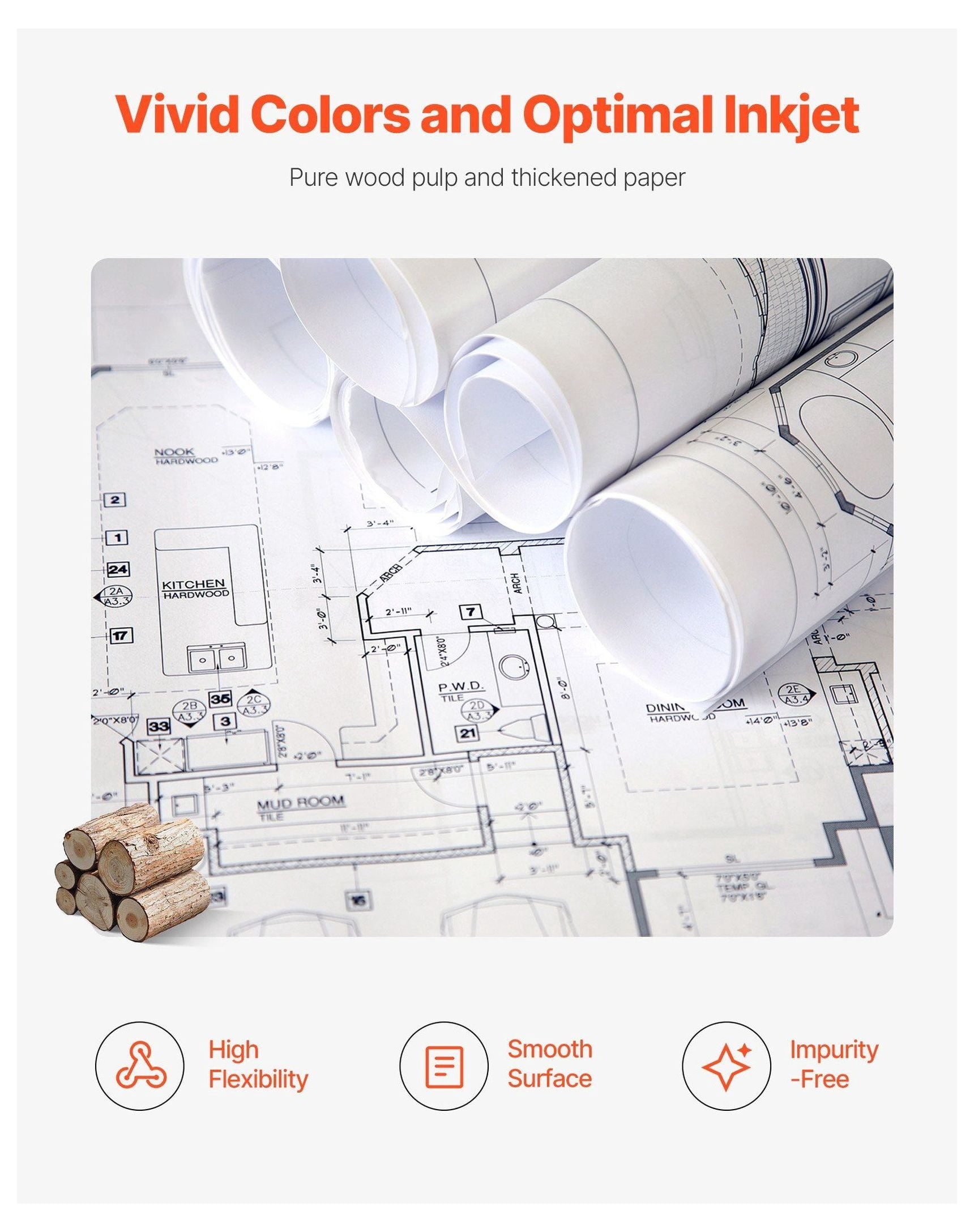 Wide Format Paper 24x150ft, 2 Rolls CAD Plotter Paper, 20lb Bond, 2in Core - Engineering Plans, Architectural Designs, GIS Maps