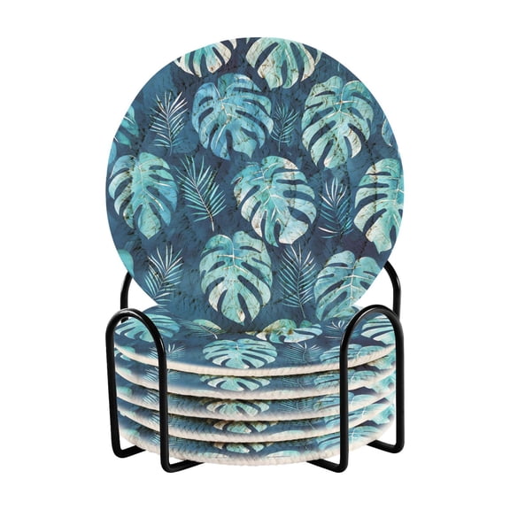 Watercolor Monstera Drinking Coasters Cup Mat with Holder for Kitchen Cafe Bar 6 Packs