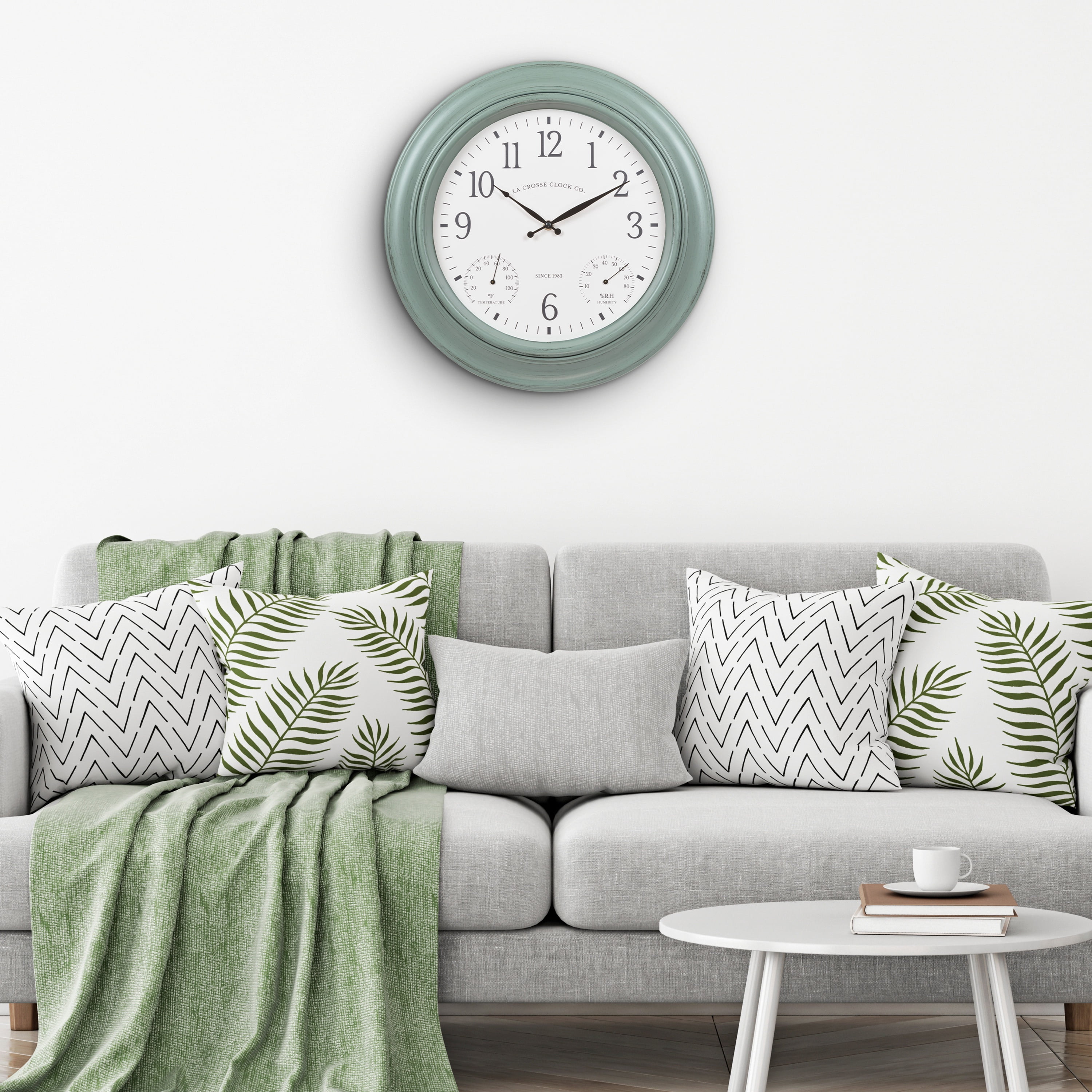 La Crosse Clock 18 inch Outdoor Sage Green Quartz Analog Wall Clock with Temperature and Humidity, 433-3846