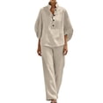 thumbnail image 4 of DYTTDG Women's Linen Blend 2-Piece Outfit | V-Neck Batwing Sleeve Top & Wide Leg Pants Casual Set, Loose Fit Summer Wear, 4 of 8