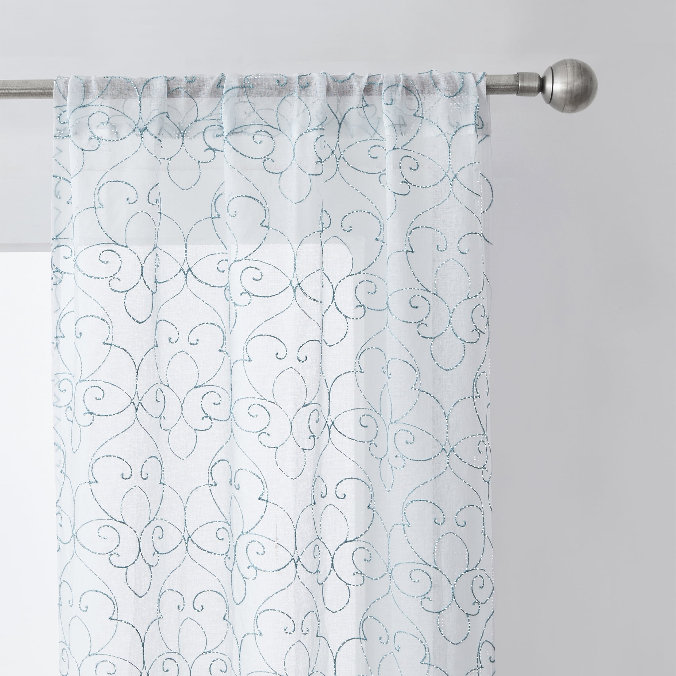 Mainstays Modern Scroll Rod Pocket Sheer Curtain Set, 4 Panels, Aqua, 28 in x 63 in