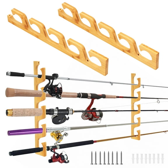 LINFANG 2 Sets Fishing Rod Holder Bamboo Wood Horizontal Fishing Pole Holder Holds Up to 10 Rods for Garage Pantry Boat House Tackle Store