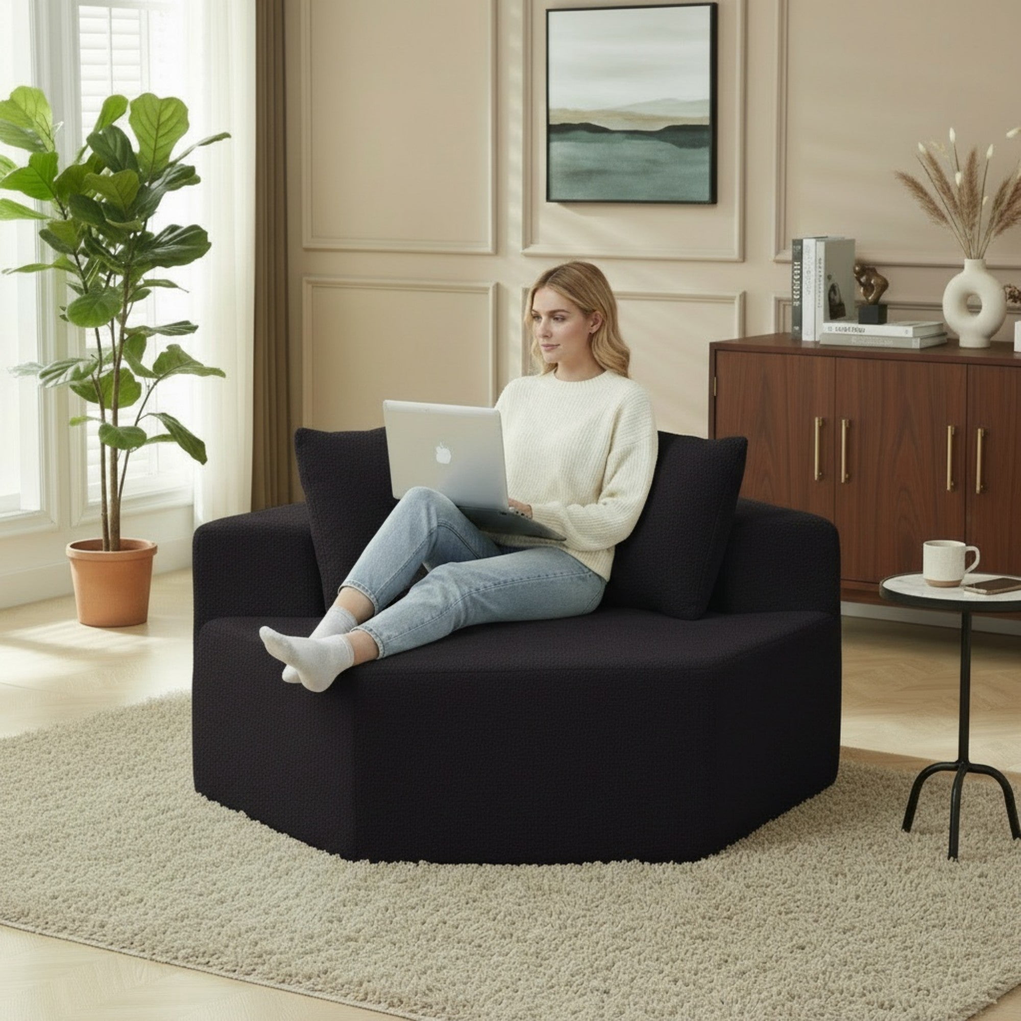 Sailvan 54" Modern Hexagonal Modular Circular Sofa, Chenille Upholstered Single Lounge Chair with 3 Pillows for Living Room & Game Room Black