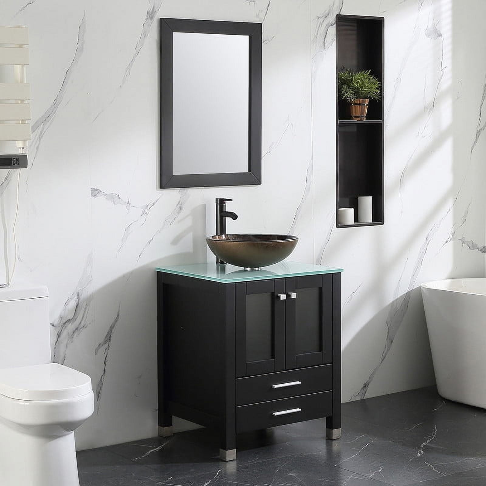 Walsport 24" Luxurious Bathroom Vanity with Brown Tempered Glass Vessel Sink Bowl and Countertop and Mirror and Faucet,Stand Floor Cabinet Bathroom Storage Vanity with Pop Up Drain,Black