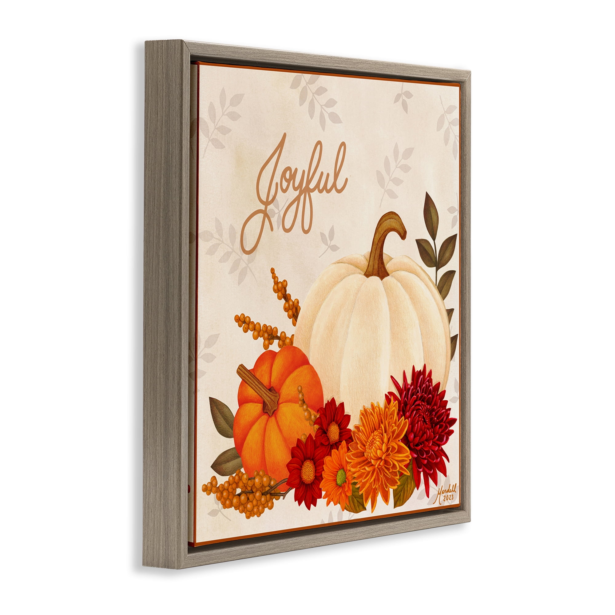 Stupell Industries Joyful Floral Pumpkins Holiday Painting Brown Floater Framed Canvas Art Prints Wall Art, 18 x 18