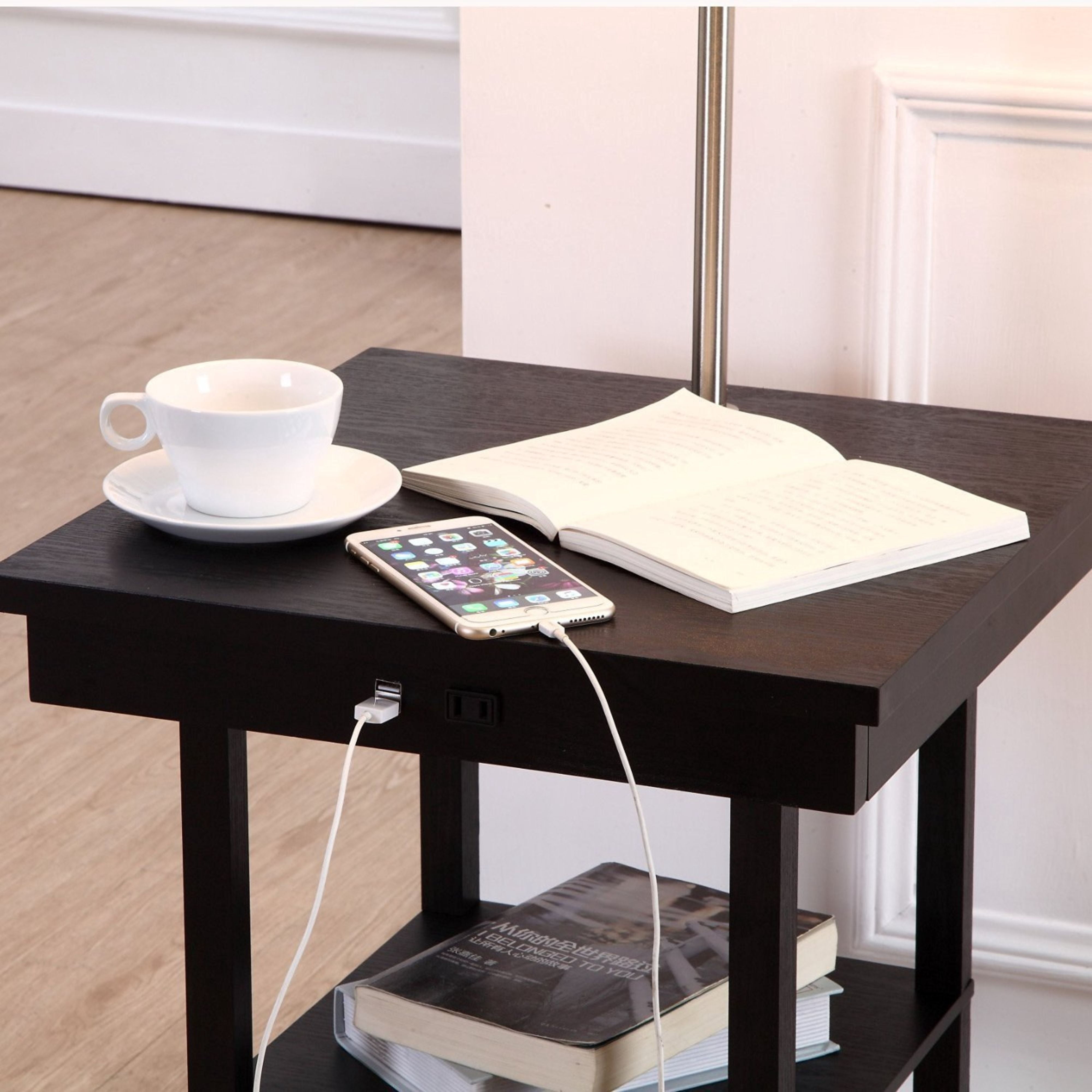 Brightech Madison Side Table with Lamp Set of 2 - LED Desk Lamp with USB Port, Bedside Reading Lamp, Modern End Table with Floor Lamp for Bedroom, Living Room, Office - Black with White Shade