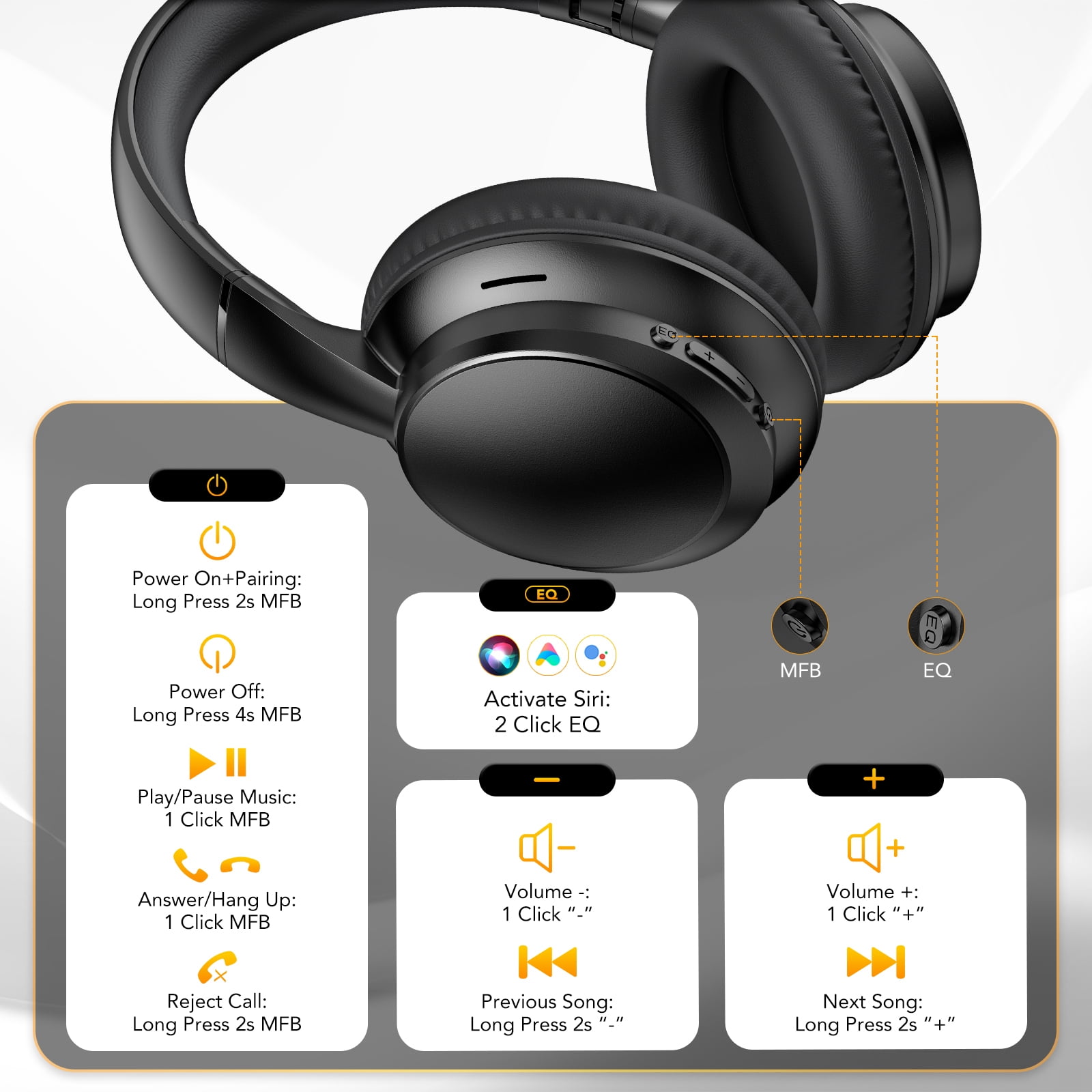 Wireless Bluetooth Headphones 5.4, 40H Playtime with 3 EQ Modes, 4 Micrs ENC Noise Cancelling for Clear Calls, Bass Boosted by 85%, Comfort Fit, Over Ear Headphones for Travel Home Office PC Black thumbnail 6
