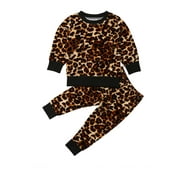 VIKING GLORY Kids Baby Boys Girls Leopard Velvet Pullover Tops Pants Tracksuit