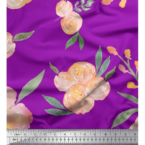Soimoi Purple Cotton Poplin Fabric Leaves & Peach Floral Watercolor Print Fabric by The Yard 42 Inch Wide