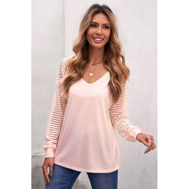ABPHQTO Top rosa de mujer con cuello en V y rayas transparentes