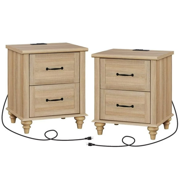 WAMPAT Night Stands for Bedrooms Set of 2 End Tables with USB Charging Station,2 Drawer Nightstands Wooden Bedside Table,Farmhouse Side Table for Living Room,Oak