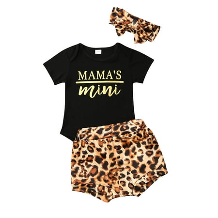 

mlpeerw Baby Girls Letter Short Sleeve Jumpsuit and Leopard Shorts with Headband
