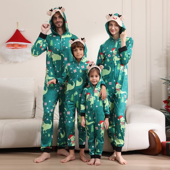 Famivelle Matching Christmas Pajamas for Family Dinosaur Antler Hooded Jumpsuits, Zip Holiday Sleepwear Onesies for Men Women K'ids