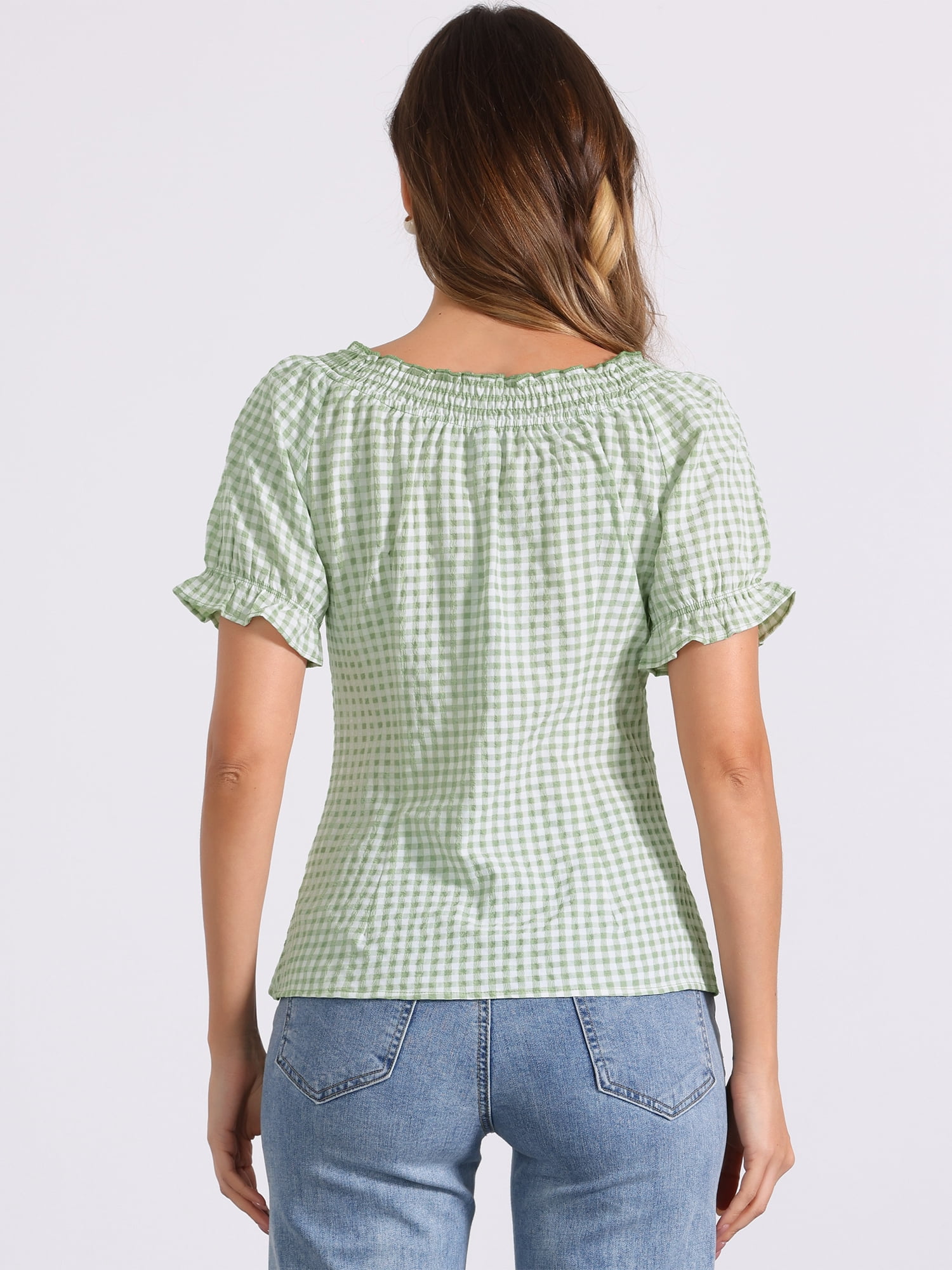 DARING DIVA Woman's Peasant Ruffles Puff Sleeve Gingham Plaid Top M Green