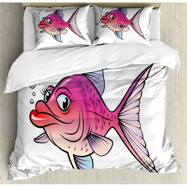 Fish Queen Size Duvet Cover Set, Cartoon Style Smiling Female Goldfish with  Plump Lips Underwater Comic, Decorative 3 Piece Bedding Set with 2 Pillow  Shams, Hot Pink Fuchsia Purple, by Ambesonne 