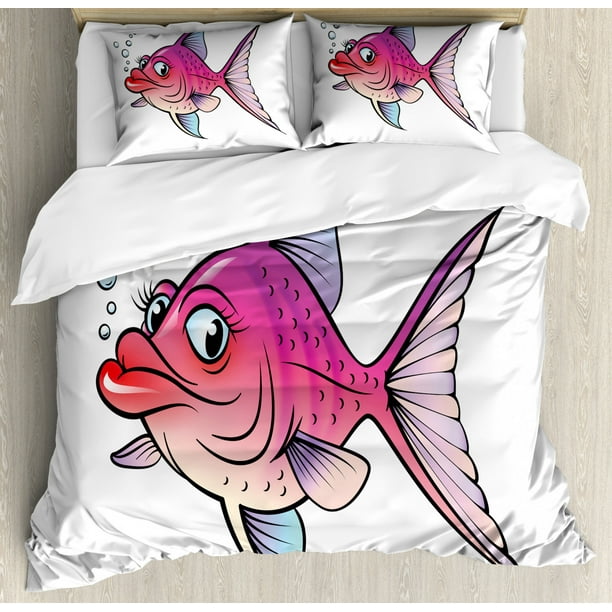 Fish Queen Size Duvet Cover Set, Cartoon Style Smiling Female Goldfish with Plump Lips Underwater Comic, Decorative 3 Piece Bedding Set with 2 Pillow Shams, Hot Pink Fuchsia Purple, by Ambesonne Fish Queen Size Duvet Cover Set, Cartoon Style Smiling Female Goldfish with Plump Lips Underwater Comic, Decorative 3 Piece Bedding Set with 2 Pillow Shams, Hot Pink Fuchsia Purple, by Ambesonne