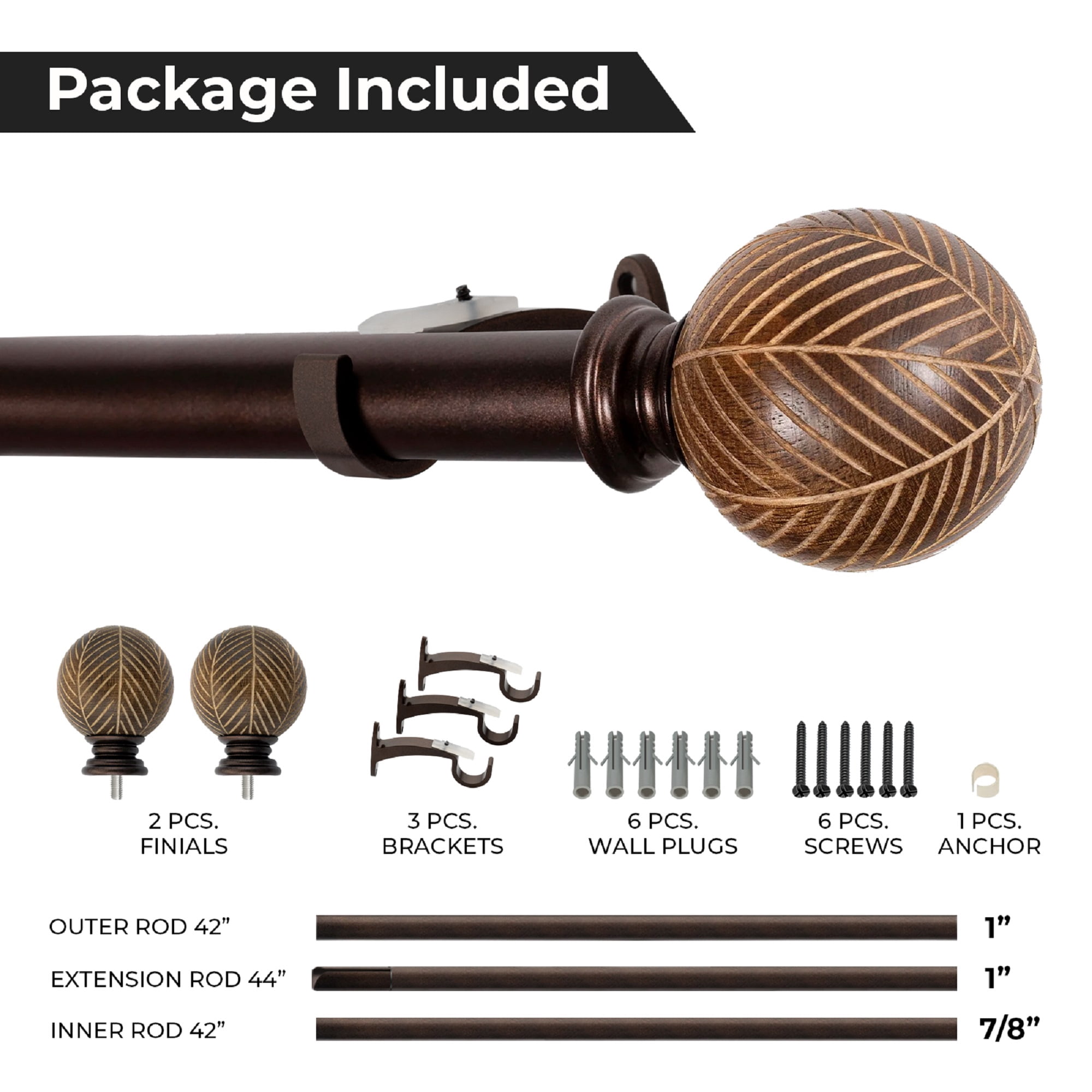 Better Homes & Gardens 1 inch Extendible Curtain Rod 42" to 120" with Moroccan Leaf Finials Brown