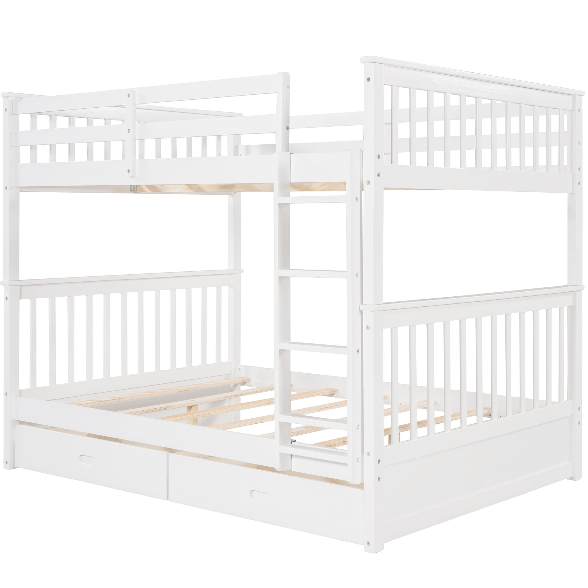 Aukfa Full over Full Bunk Bed with Two Storage Drawers, Wood Convertible Two Bed for Kids Teens - White