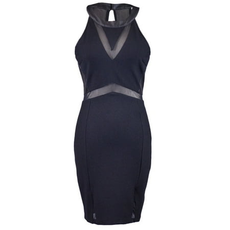 Combination Leather Halter - Lush Sexy Galaxy Mesh Bodycon Little Black Mesh Faux Leather Trim Halter Dress