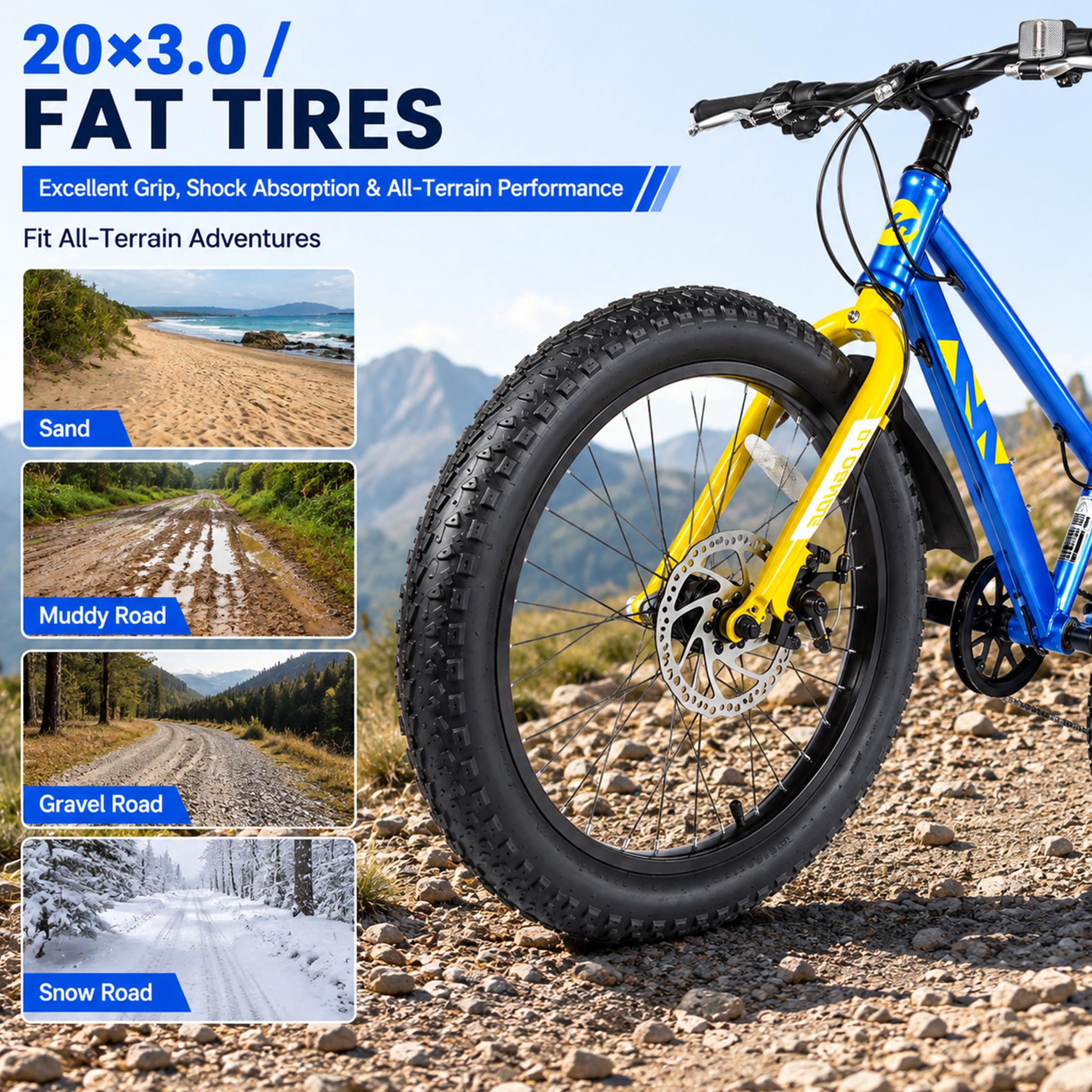 20 Inch Kids Mountain Bike for Boys and Girls Ages 5-12, 7-Speed Fat Tire Bicycle with Dual Disc Brakes and Suspension Fork, Blue Children’s Outdoor Bike for Sand, Snow, and Trail Riding