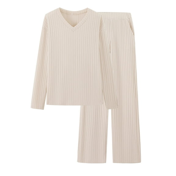 Women's 2PCS Outfits Set Pajamas Set Solid Color Long Sleeve Knitted Top Pants Set Fall Casual Outfits for Women Apricot, Size S-XXL