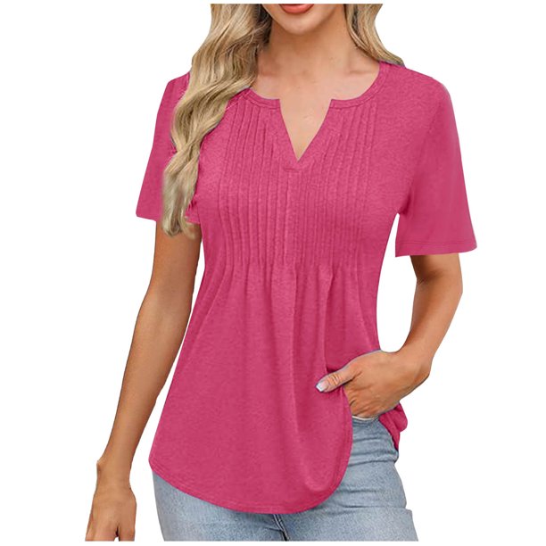 Camisas de Manga Corta para las Mujeres Casual Color Sólido Plisado V-Cuello Blusas, Moda Verano Top para Diario Y Fiesta