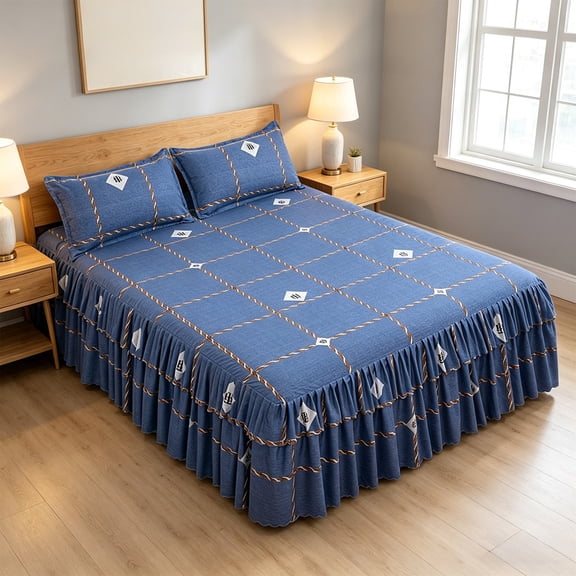 Ensemble de Literie Jupe de Lit Décorative à Volants, Housse de Matelas Élastique avec Taies d'Oreiller, Accessoire de Couvre-Lit Doux pour Chambre, Housse de Base de Lit Résistante à la Poussière, Décor de Literie pour Hôtel Dortoir Maison, Ensemble de Jupe de Lit Lavable