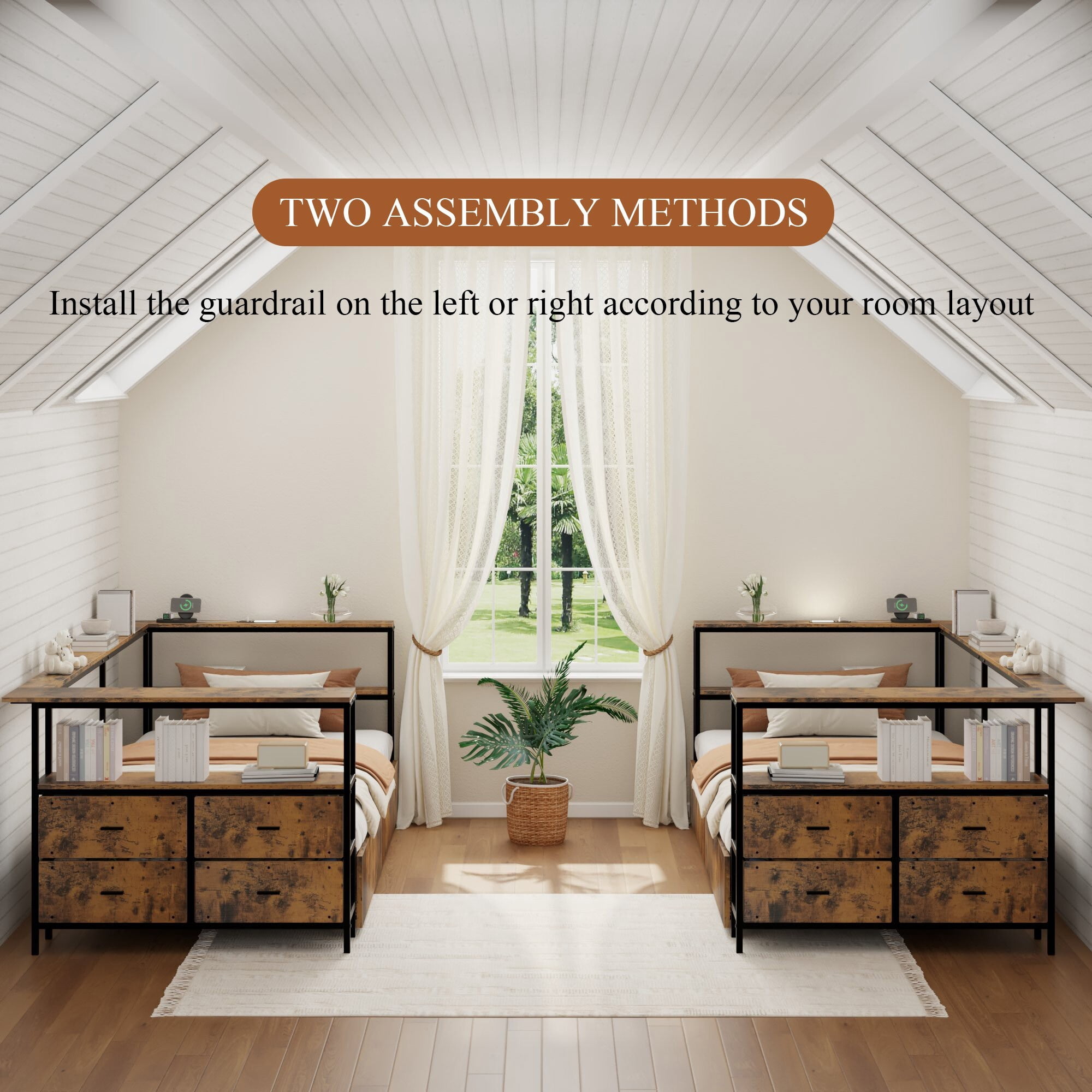 DEALTOPS Twin Daybed with Storage Drawers, Corner Bed Frame with Charging Station & LED Light, Rustic Brown