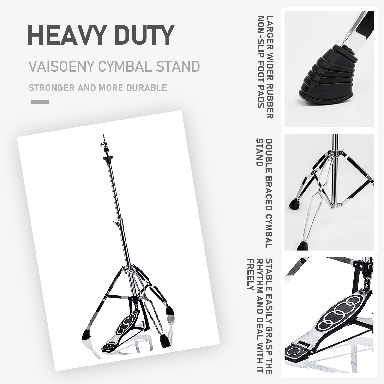 Vaisoeny Hi Hat Stand，Three Legs Hi-Hat Stand，Adjustable Height 23.6" to 39.3", Double Braced High Hat Stand with Widened Non-Slip Rubber Feet (V-CC-YQ06)
