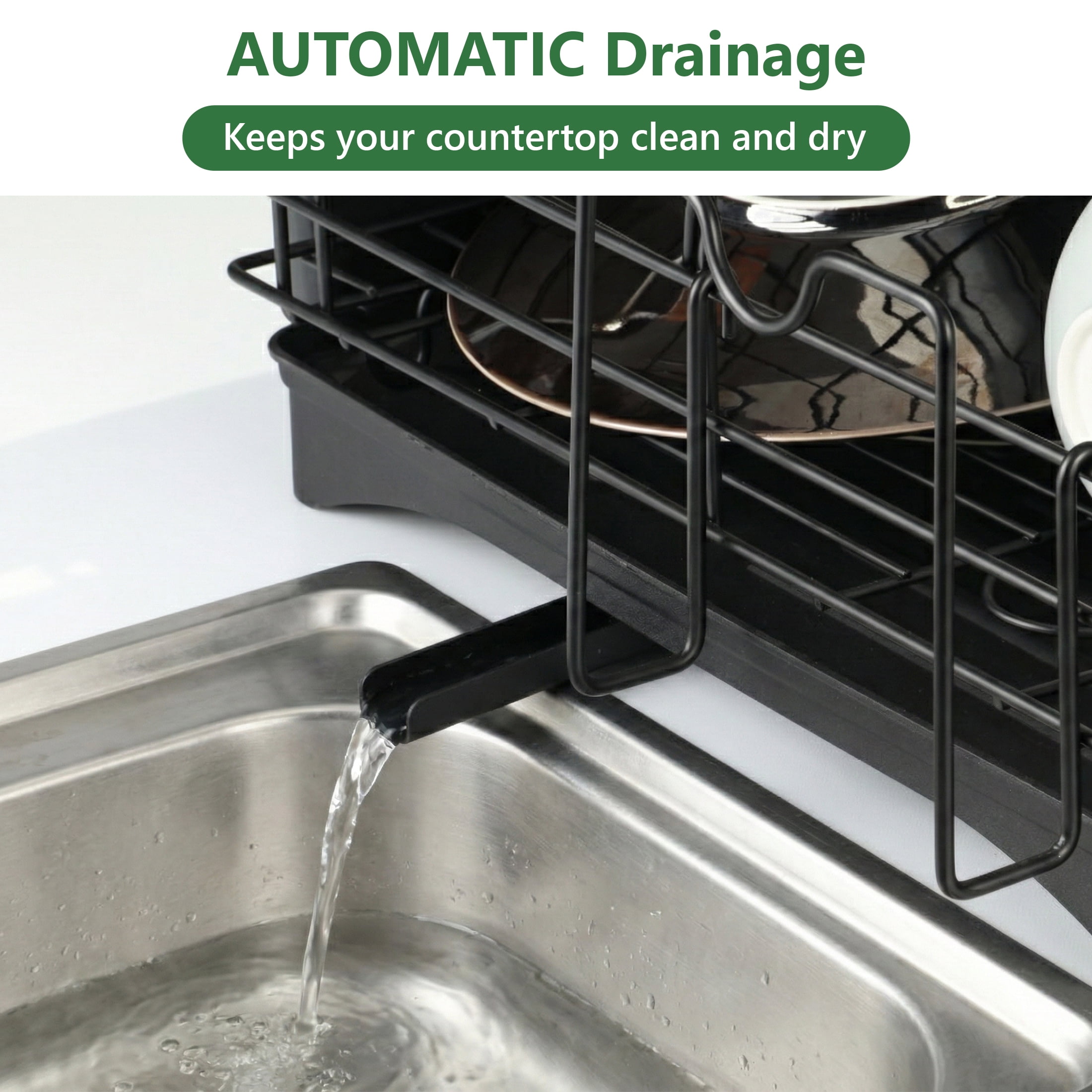 Luckytree 2-Tier Dish Drying Rack, Space-Saving Dish Drainer for Dishes, Knives, Cups, Cutting Boards, 12.2"W x 16.54"L, Black