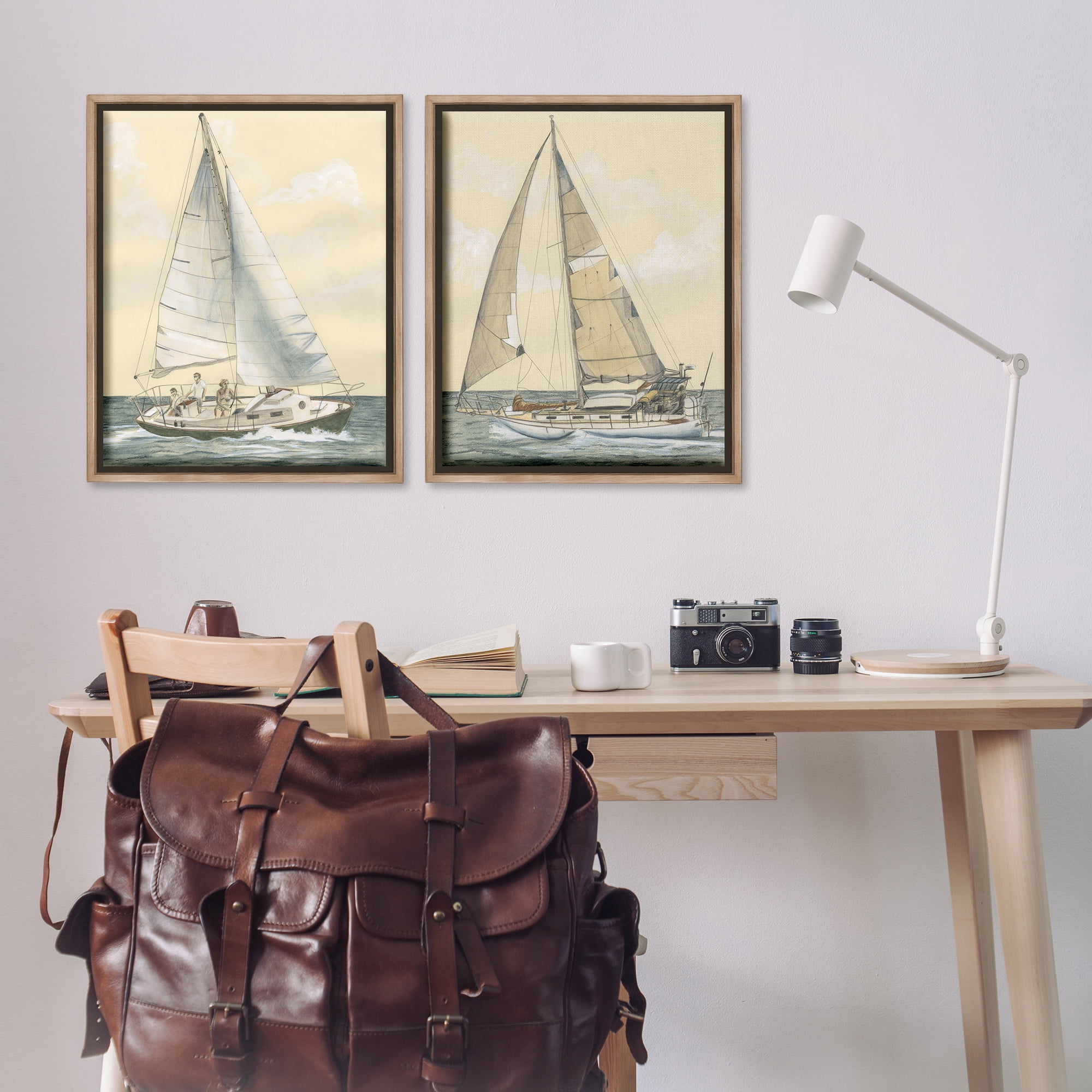 Stupell Industries Sailboat Crew At Sea People Painting Brown Floater Framed Canvas Art Print Wall Art, 31 x 25, Set of 2