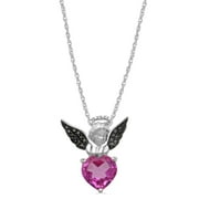 Jewelili Sterling Silver With 10 MM Created Pink Sapphire with Treated Black and Natural White Round Diamonds Heart Angel Wing Pendant Necklace, 18 Rope Chain