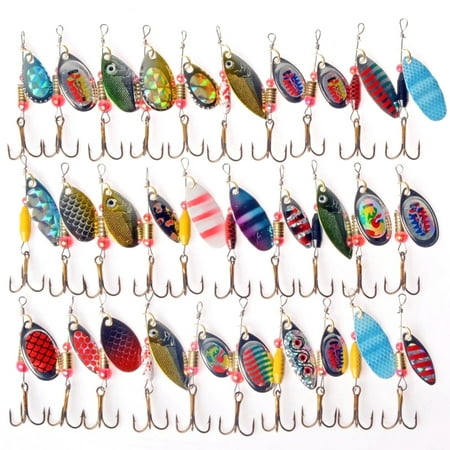 Meigar 30Pcs Fishing Lures Crankbaits Minnow Baits Tackle with Treble Hooks with Treble Hooks Assorted Inline Spinner Baits & Spoons for Bass Salmon Trout