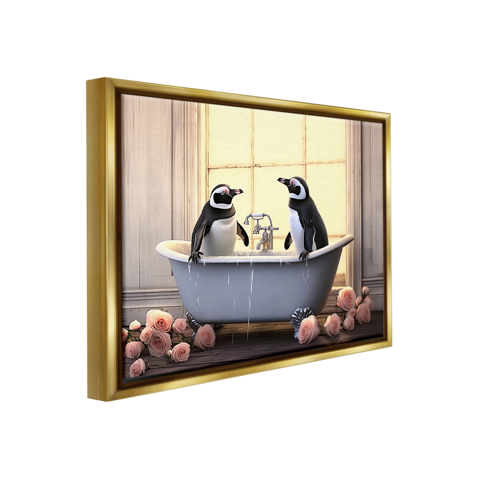 Stupell Industries Penguins Bathing in Tub Animals & Insects Painting Gold Floater Framed Canvas Art Print Wall Art, 21 x 17