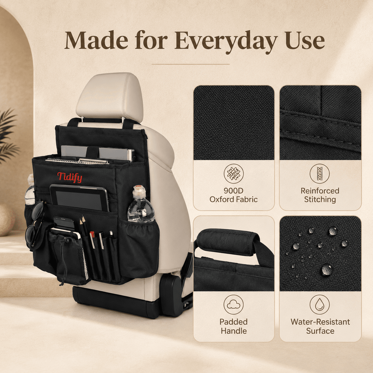 Tidify Car Seat Back Organizer with Adjustable Straps, Compartments, and Pockets for Laptop and Tablet, 1 Pack