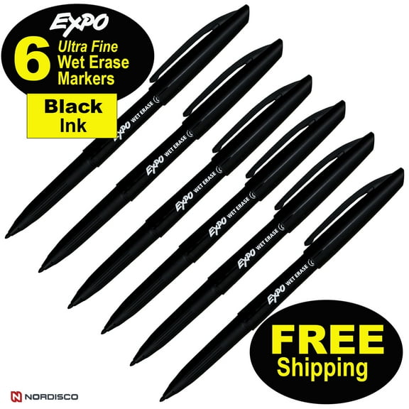 EXPO Wet Erase Markers 16001A, Black Ink, Ultra Fine Point, Pack of 6